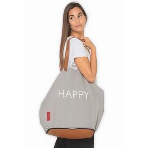 Peace Love World Tote Bag Canvas Foldable Happy Quote Gray Minimalist NWT